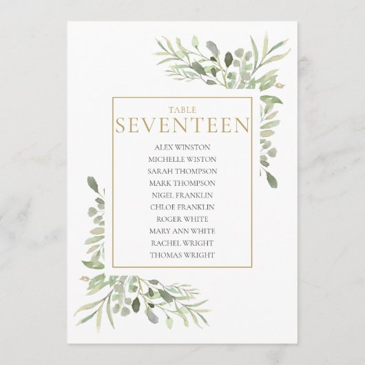 Elegant Greenery Table Number 17 Seating Chart Kaart (Achterkant)