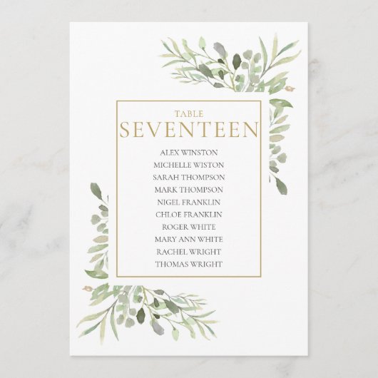 Elegant Greenery Table Number 17 Seating Chart Kaart (Voorkant)