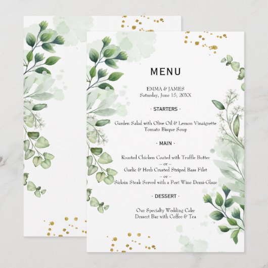 Elegant Greenery Watercolor Wedding Menu (Devant / Derrière)