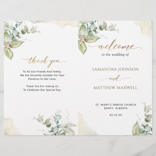 Elegant Greenery Waterverf Folded Wedding Programm (Voorkant)