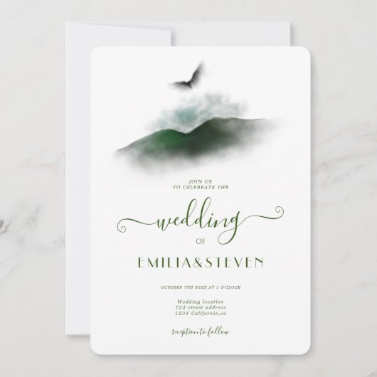 Elegant Greenery Waterverf Mountains Wedding Kaart (Voorkant)
