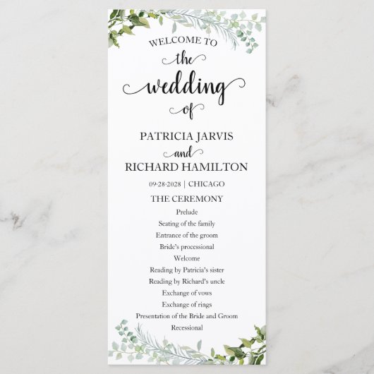 Elegant Greenery Wedding Ceremony Programme Programma (Voorkant)