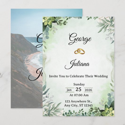 Elegant Greenery Wedding Invitation (Devant / Derrière)