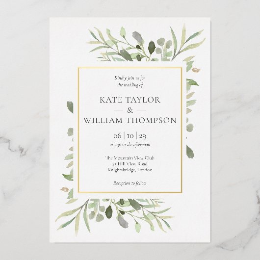 Elegant Greenery Wedding Photo Gold Folie Uitnodiging (Voorkant)