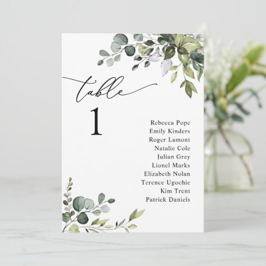 Elegant Greenery Wedding Seating Chart Table Kaart (Staand voorkant)
