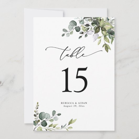 Elegant Greenery Wedding Table Number Kaarten (Voorkant)