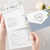 Elegant Greenery, White Dusty Blue Floral Wedding All In One Uitnodiging