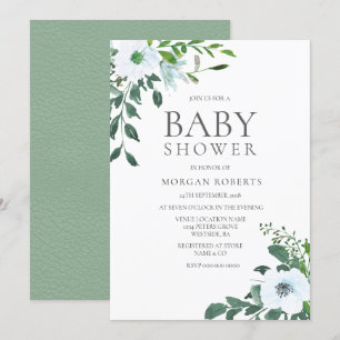 Elegant Greenery White Floral Baby shower Invite Kaart