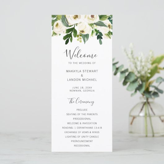 Elegant Greenery White Floral Wedding Programma (Staand voorkant)