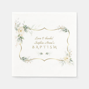 Elegant Greenery White Flowers Gold Cross Baptisme Servet