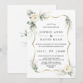 Elegant Greenery White Flowers Gold Wedding Kaart (Voorkant / Achterkant)