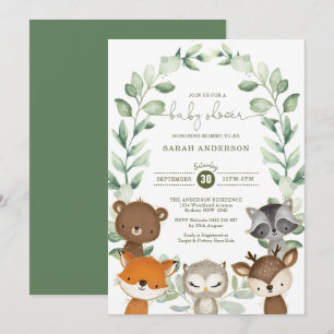 Elegant Greenery Woodland Animals Baby shower Kaart