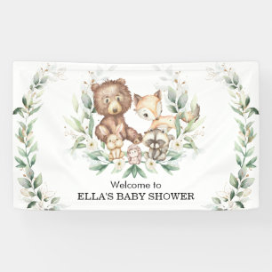 Elegant Greenery Woodland Animals Baby Welkom Spandoek