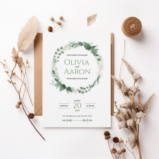 Elegant Greenery Wreath Wedding Invitation