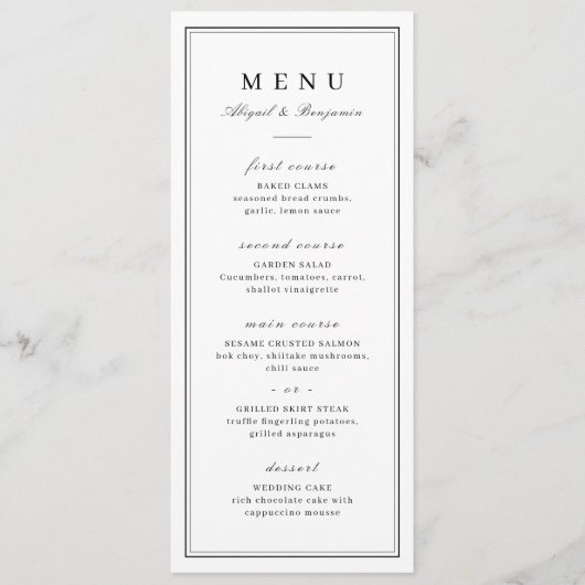 Elegant grenst zwart-wit minimalistische bruiloft menu (Voorkant)