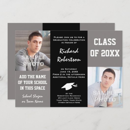 Elegant Grey and Black Young Man Afstuderen Kaart (Voorkant / Achterkant)
