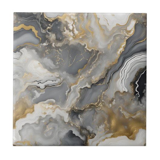 Elegant Grey and Gold Liquid Marble Agate Tegeltje (Voorkant)