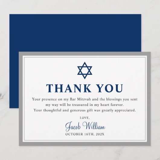 Elegant Grey and Navy Blue Bar Mitzvah Bedankkaart (Voorkant / Achterkant)
