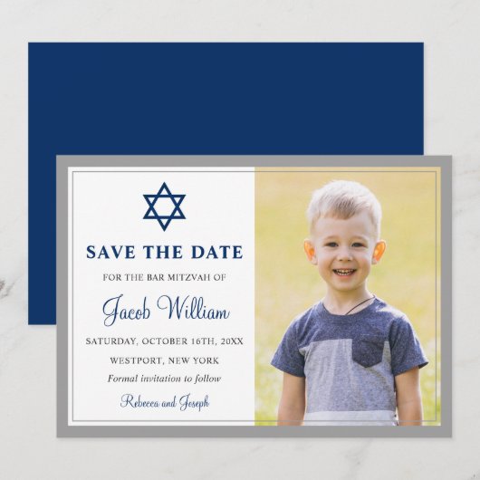 Elegant Grey and Navy Blue Bar Mitzvah Foto Save The Date (Voorkant / Achterkant)