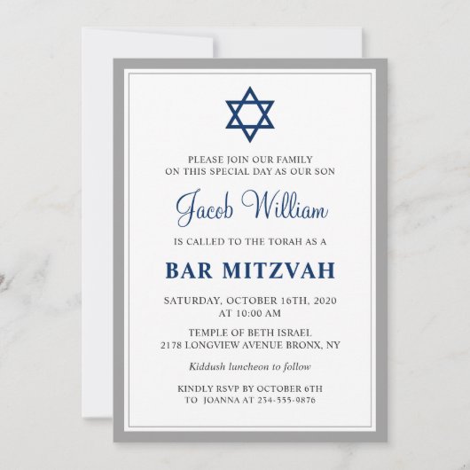 Elegant Grey and Navy Blue Bar Mitzvah Uitnodiging (Voorkant)