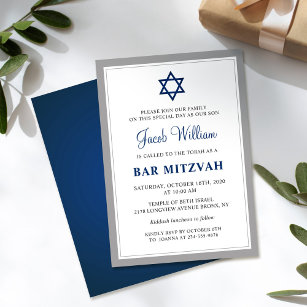 Elegant Grey and Navy Blue Bar Mitzvah Uitnodiging