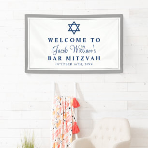Elegant Grey and Navy Blue Bar Mitzvah Welkom Spandoek