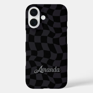 Elegant grey black checkered monogram iPhone 16 hoesje