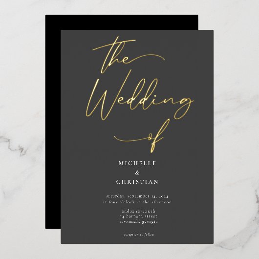 Elegant Grey Black Gold Calligraphy Script Weddens Folie Uitnodiging (Voorkant / Achterkant)