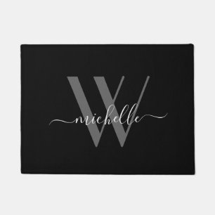 Elegant Grey Black Monogram Name Script Initiaal Deurmat
