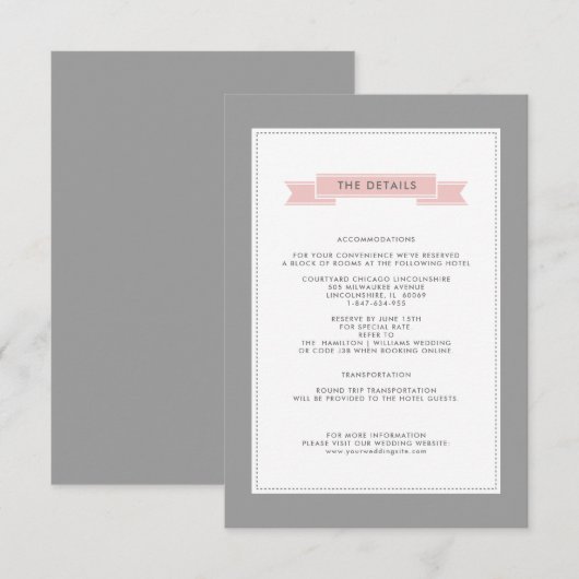 Elegant Grey | Blush Roze Bruiloft Details Kaart (Voorkant / Achterkant)