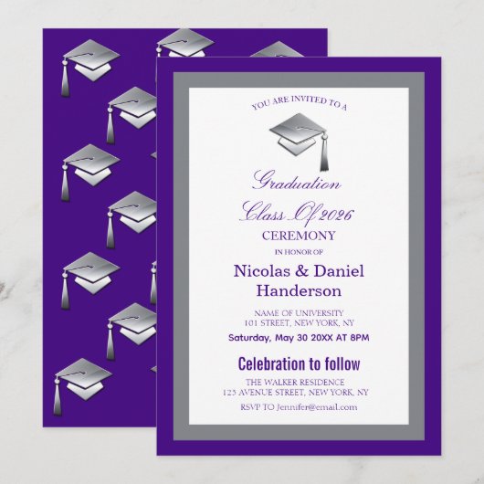 Elegant grey caps graduation ceremony invitation (Devant / Derrière)