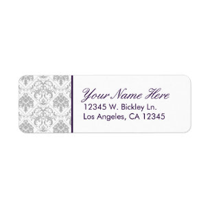 Elegant Grey Damask met Eggplant Paarse Text Etiket
