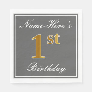 Elegant Grey, Faux Gold 1st Birthday + Eigen naam Servetten