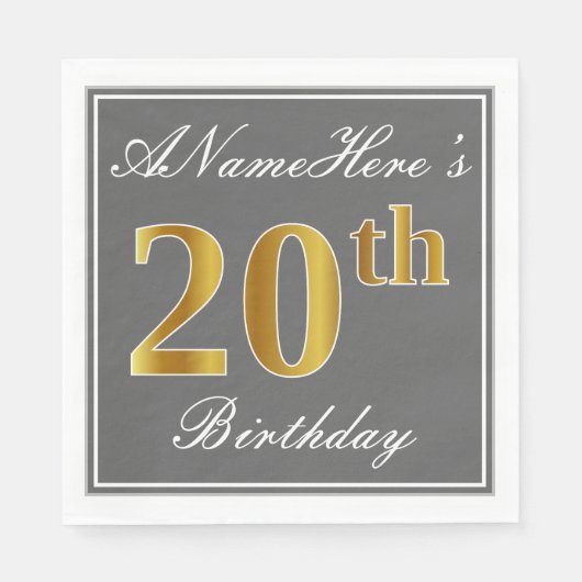 Elegant Grey, Faux Gold 20th Birthday; Aangepaste Servetten (Voorkant)