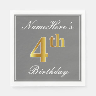 Elegant Grey, Faux Gold 4th Birthday + Eigen naam Servetten