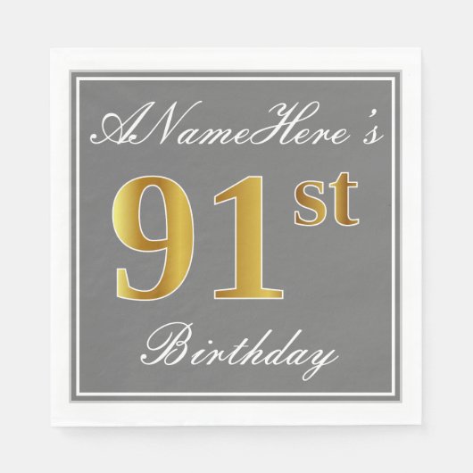 Elegant Grey, Faux Gold 91st Birthday; Aangepaste  Servetten (Voorkant)
