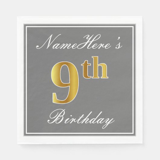 Elegant Grey, Faux Gold 9th Birthday + Aangepaste  Servetten (Voorkant)
