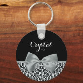 Elegant Grey Jaguar Print  naam Silver Bow Sleutelhanger (Voorkant)