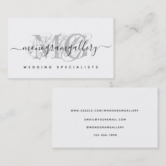 Elegant Grey Luxe Glam Script Monogram Visitekaartje (Voorkant / Achterkant)