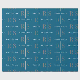 Elegant Grey Monogram & White Name, Blue Cadeaupapier