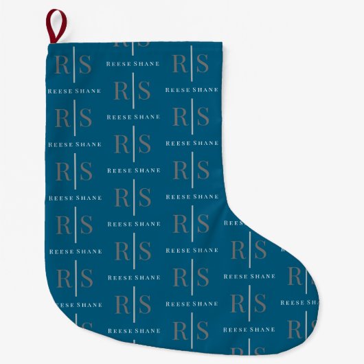 Elegant Grey Monogram & White Name, Blue Grote Kerstsok (Voorkant)