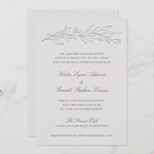 Elegant Grey Pencil Schets Twig Rehearsal Dinner Kaart (Voorkant / Achterkant)