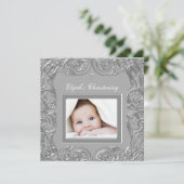 Elegant Grey Photo Christening Invitations (Debout devant)