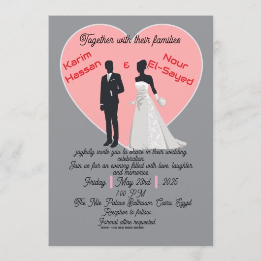 Elegant Grey Pink Heart Bride Groom Invitation (Devant)