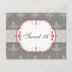Elegant Grey & Red Roses Sweet 16 Kaart