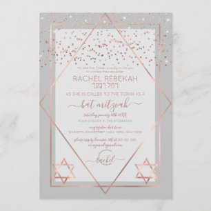 Elegant Grey Roos Gold Confetti Border Bat Mitzvah Kaart