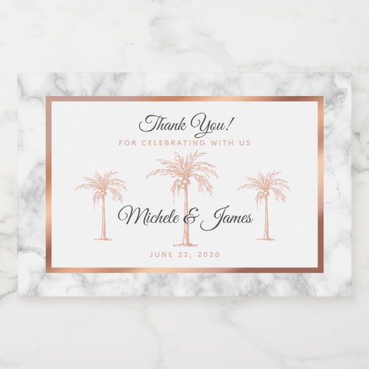 Elegant Grey Roos Gold Palm Tree Marmer Weddenscha Sparkling Wijnetiket (Enkel label)