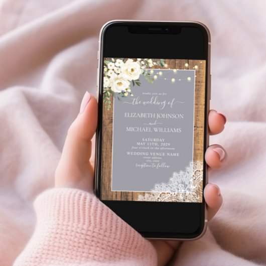 Elegant Grey Rustic Wood Lace Script Weddenschap Kaart