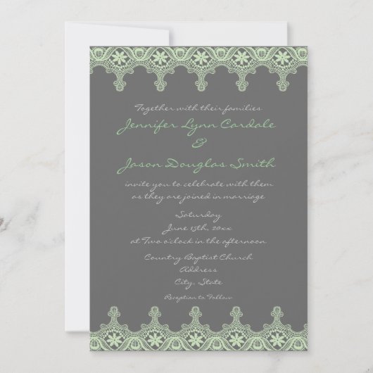 Elegant Grey Sage Green Lace Wedding Invitations Kaart (Voorkant)