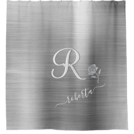 Elegant Grey Silver Roos Custom Monogram Name Douchegordijn (Voorkant)